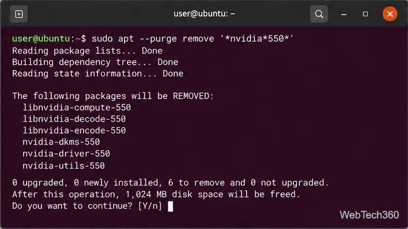 清除 NVIDIA 550 軟體包前會彈出 APT 確認提示