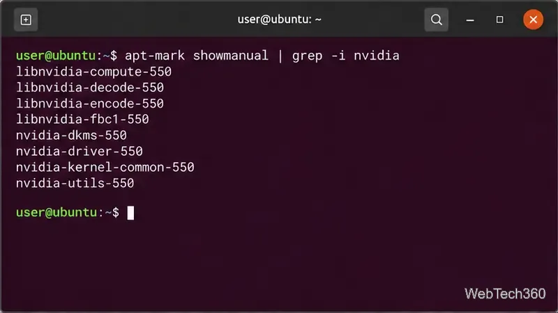 Ubuntu 終端列出已安裝的 NVIDIA 軟體套件及其 550 驅動程式分支