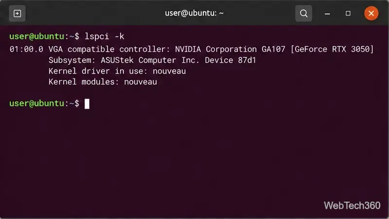 終端使用 lspci 指令輸出結果,顯示 NVIDIA 顯示卡正在使用 nouveau 驅動。