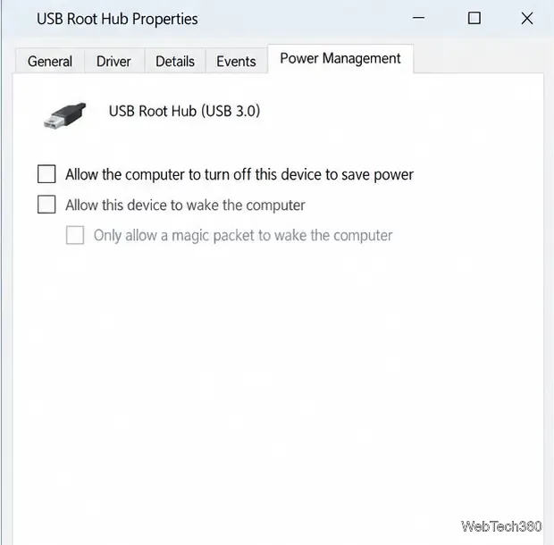 USB Root Hub properties in Device Manager with Allow the computer to turn off this device to save power unchecked.