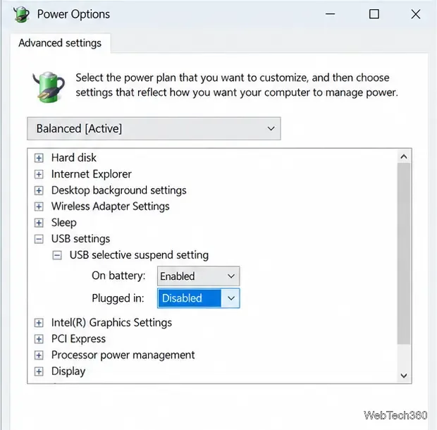 Windows 10 Advanced Power Options with USB selective suspend expanded and Plugged in set to Disabled.