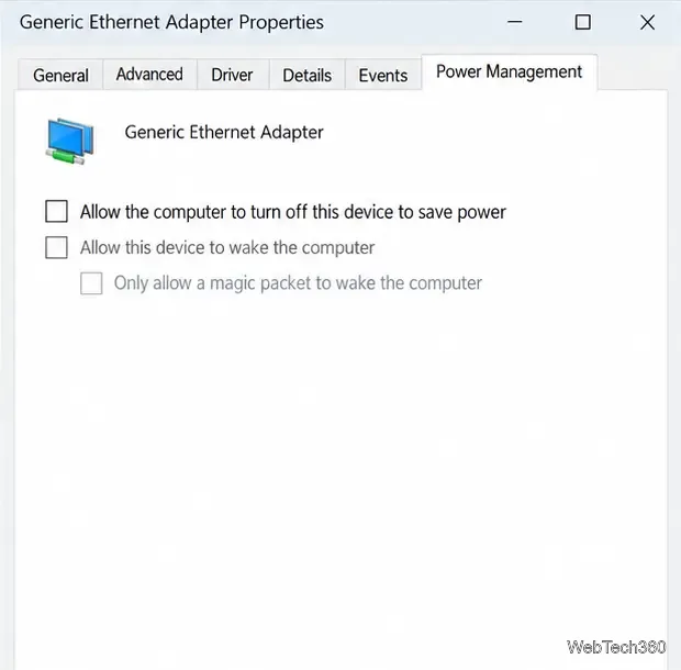 Generic Ethernet adapter properties in Device Manager with the power-saving checkbox cleared.