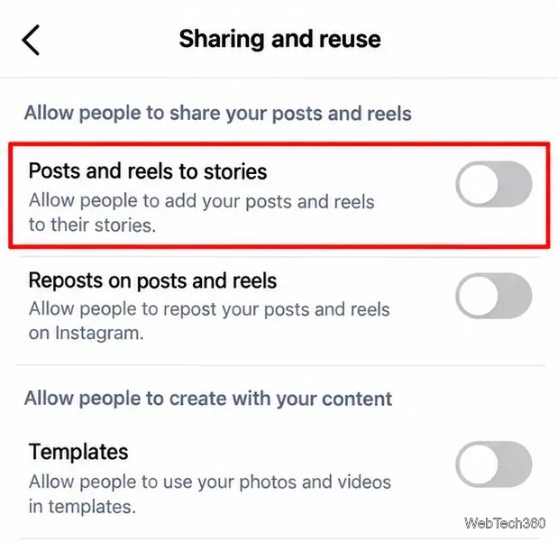 Instagramの共有と再利用のコントロールで、投稿とリールをストーリーズに表示する機能がオフになっています。