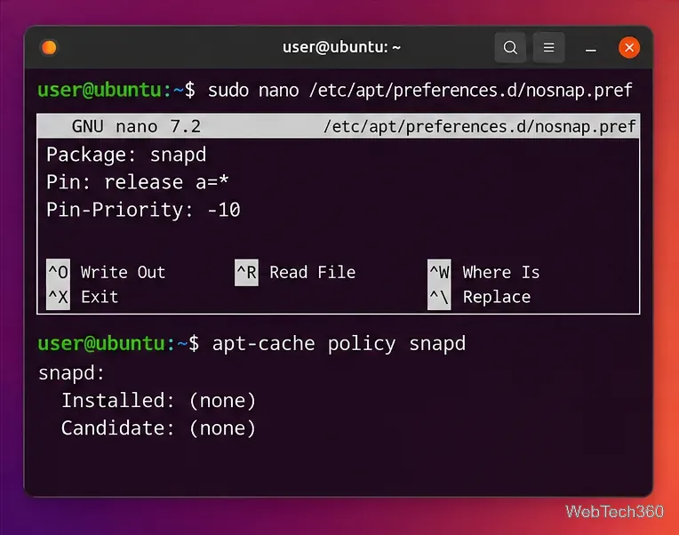 Ubuntuターミナルに、Pin-Priorityがマイナス10のsnapd用APT設定ファイルとapt-cacheポリシーの出力が表示されています。