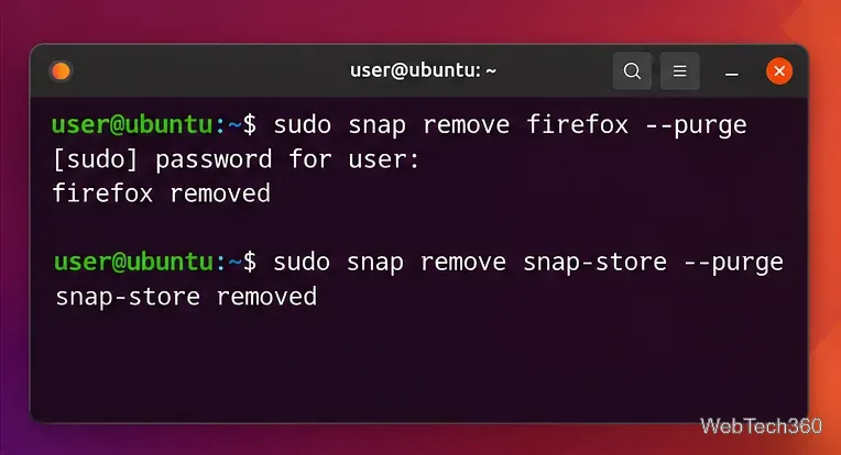 Ubuntuターミナルに、FirefoxとSnap Storeのsnap削除コマンドとpurgeオプションを表示