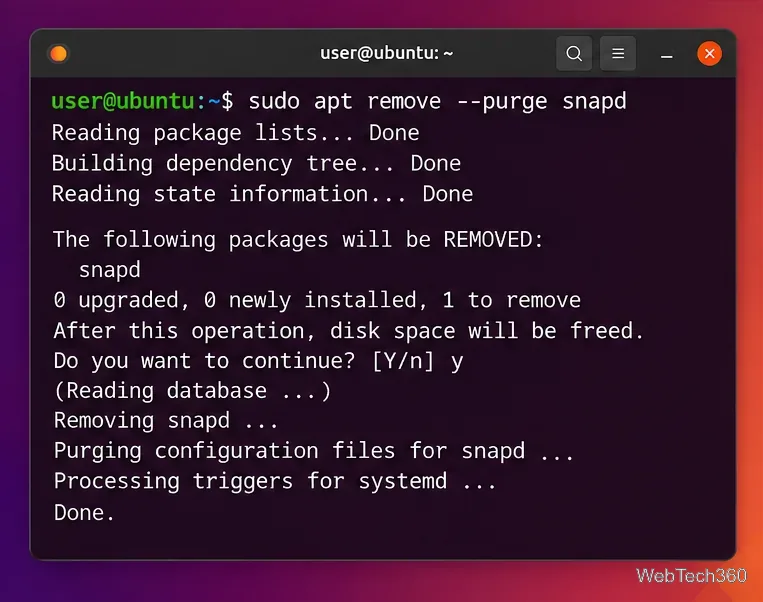 Ubuntuターミナルにsudo apt remove --purge snapdとパッケージ削除の出力を表示