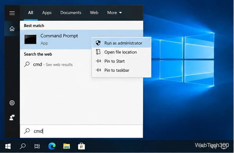 В меню «Пуск» Windows 10 найдите cmd, выбрав «Запустить от имени администратора» для параметра «Командная строка».