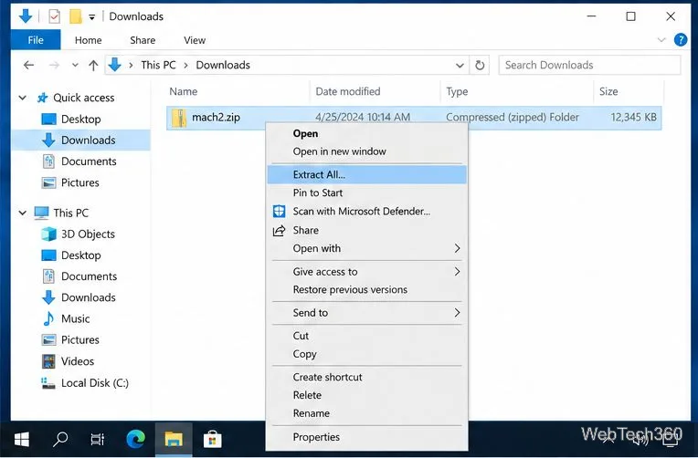 Контекстное меню проводника Windows для файла mach2.zip с выделенной опцией «Извлечь все».