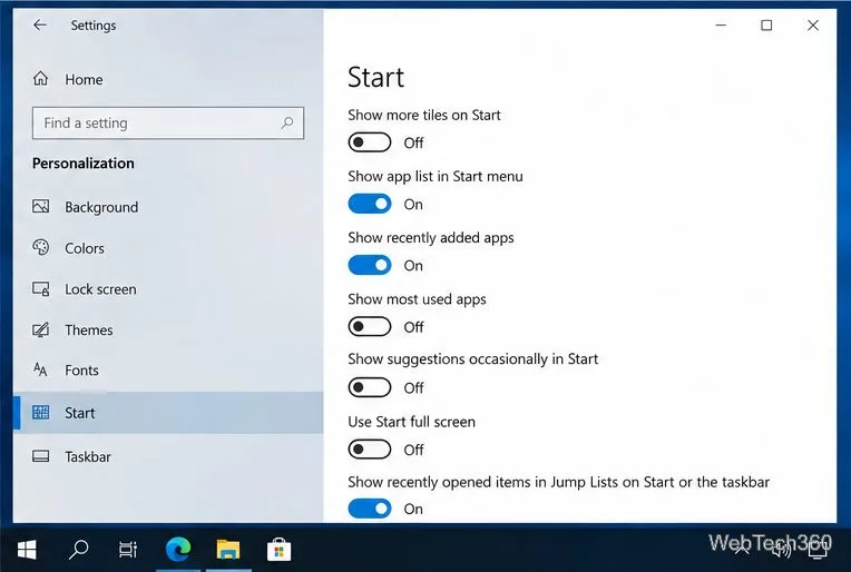В настройках меню «Пуск» в Windows 10 включена опция «Показывать список приложений в меню «Пуск»».