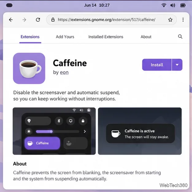Caffeine extension listing on GNOME Extensions with its Install control
