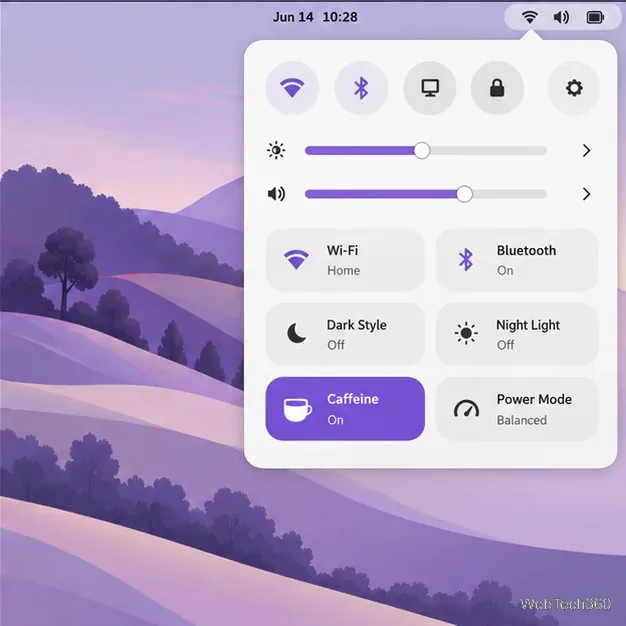 GNOME Quick Settings with the Caffeine tile switched on