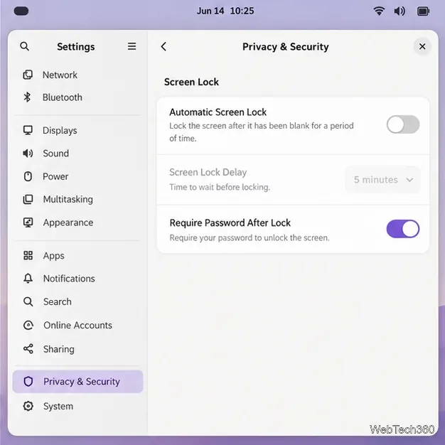 GNOME Privacy and Security settings showing Automatic Screen Lock switched off