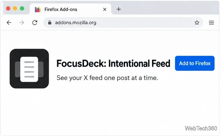 Illustrazione della pagina dei componenti aggiuntivi di Firefox per FocusDeck: Intentional Feed con il relativo pulsante "Aggiungi a Firefox".