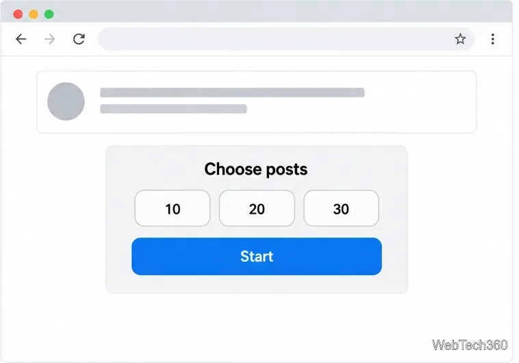 Illustrazione di una schermata di una sessione FocusDeck con le opzioni per 10, 20 o 30 post e un pulsante Avvia.