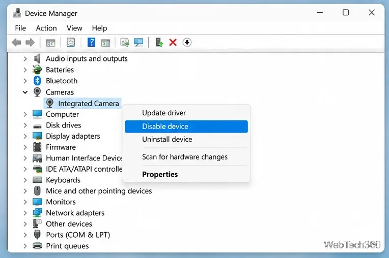 В диспетчере устройств Windows, в развернутом разделе «Камеры», выберите «Отключить устройство» для встроенной камеры.
