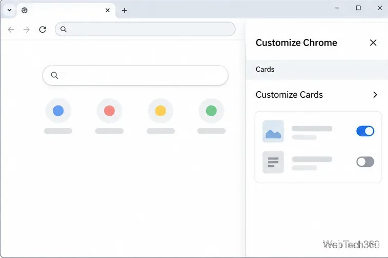 El panel Personalizar Chrome se abre a Tarjetas con una entrada Personalizar Tarjetas y conmutadores