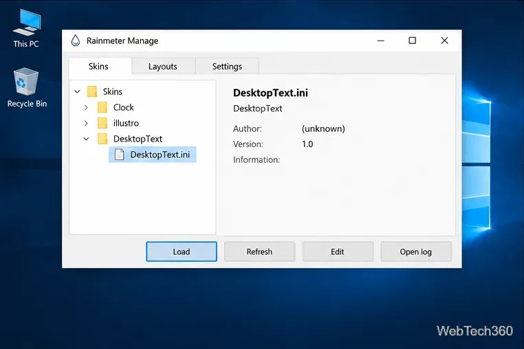 Rainmeter Manage with DesktopText.ini selected and the Load button ready