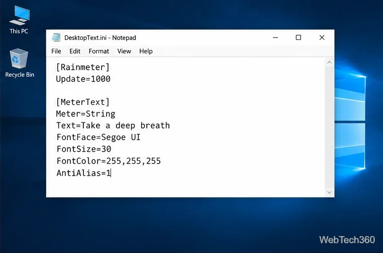 Notepad showing a Rainmeter INI file with a String meter and the text Take a deep breath