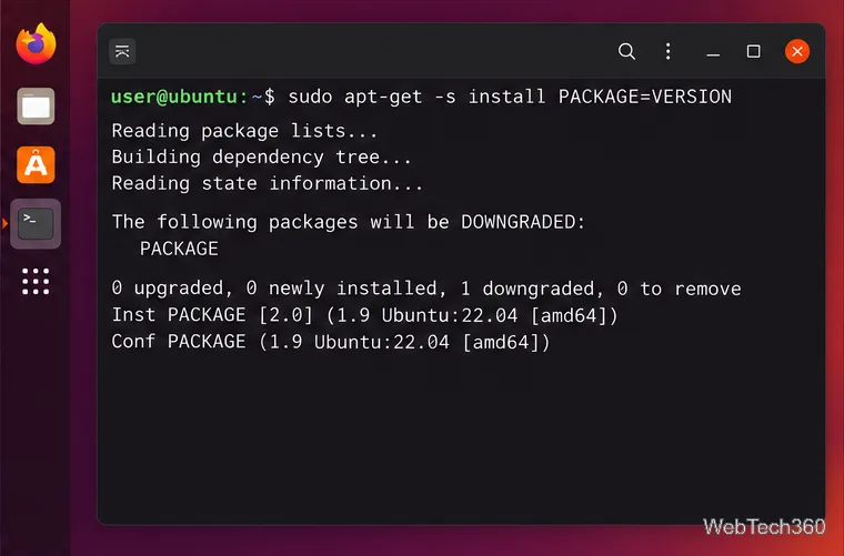 Ubuntu Terminal running a simulated APT downgrade and listing the package that would be downgraded.