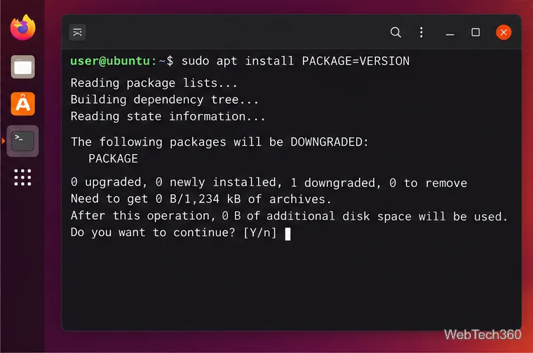 Ubuntu Terminal confirmation prompt for installing an explicitly selected older package version.