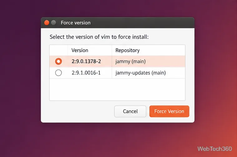 Synaptic Force version dialog listing two available versions with the older version selected.