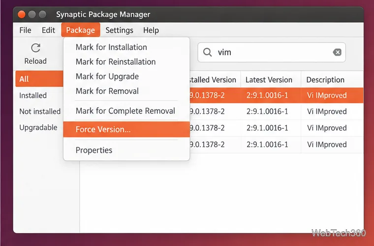 Synaptic Package menu open with Force Version highlighted for the selected package.