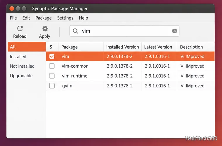 Synaptic Package Manager search results with one package selected and installed and latest version columns visible.