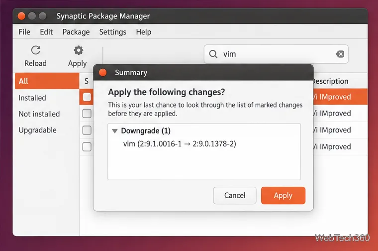 Synaptic changes summary showing a package downgrade and an Apply button.
