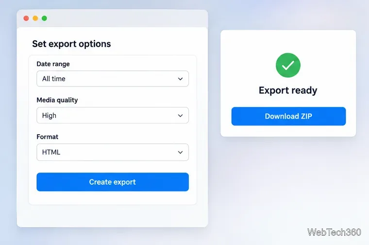 エクスポートオプションには、「全期間」、「高画質」、「HTML形式」、「エクスポートの作成」、およびダウンロード可能なZIPカードが表示されます。