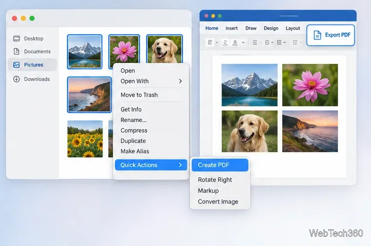 Finderで選択した写真のサムネイルをクイックアクションで表示し、写真を含むWord文書の横にPDFを作成する機能とPDF書き出しコントロールを配置します。