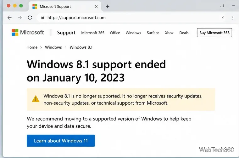 На странице поддержки Microsoft поясняется, что поддержка Windows 8.1 завершилась 10 января 2023 года.