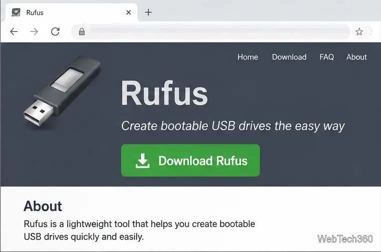 Официальный сайт Rufus с элементами управления загрузкой утилиты для загрузочного USB-накопителя.