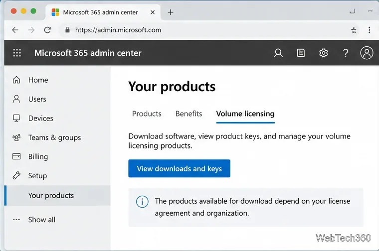 Страница корпоративного лицензирования в центре администрирования Microsoft 365 с кнопкой «Просмотреть загрузки и ключи».