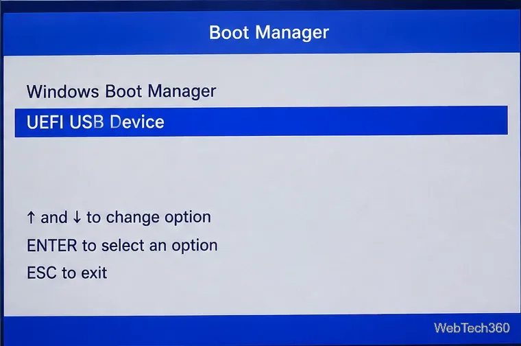 Экран UEFI Boot Manager с выбранным USB-устройством.