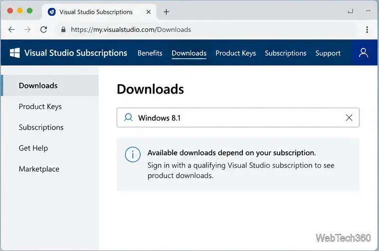 На странице загрузок подписок Visual Studio введите в поле поиска Windows 8.1.