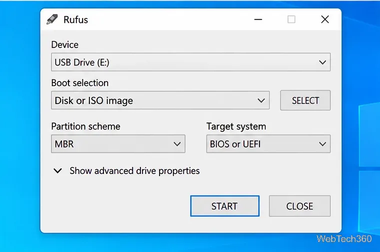 Окно Rufus, отображающее USB-накопитель, выбор загрузочного ISO-образа, схему разделов и элементы управления целевой системой.