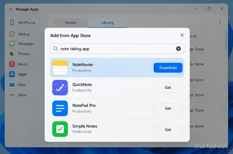アプリライブラリ上にアプリのダウンロードコントロールを備えたApp Store検索ダイアログを追加する