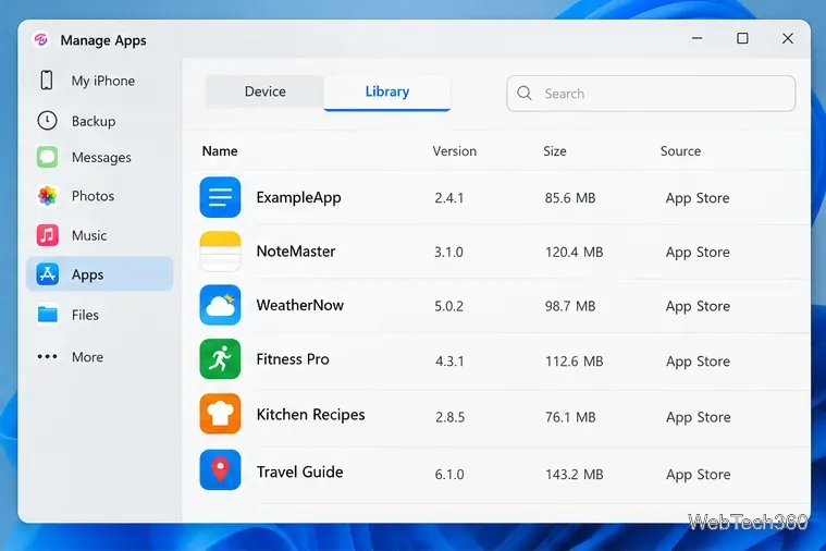 アプリ管理ウィンドウにライブラリタブとiPhoneアプリの一覧が表示されます。