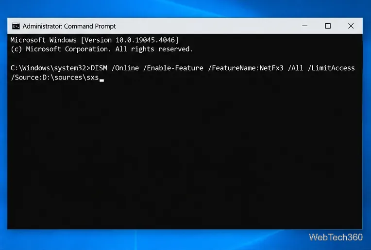 Administrator Command Prompt with DISM NetFx3 command using D sources sxs