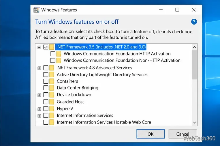 Windows Features dialog with .NET Framework 3.5 selected