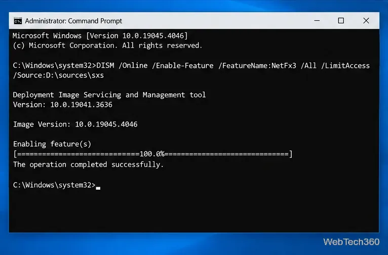 Administrator Command Prompt showing DISM operation completed successfully