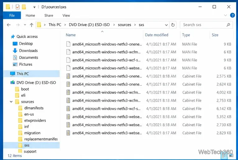 File Explorer showing the sources sxs folder on mounted Windows 10 installation media