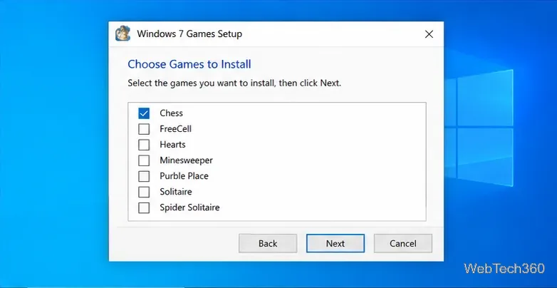 Lista wyboru gier w Ustawieniach gier systemu Windows 7 z zaznaczoną opcją Szachy i niezaznaczonymi innymi grami.