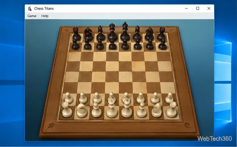 Okno Chess Titans przedstawiające trójwymiarową drewnianą szachownicę w pozycji startowej.