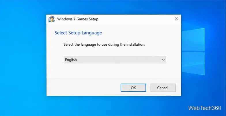 Okno dialogowe instalacji gier systemu Windows 7 z wybranym językiem angielskim oraz przyciskami OK i Anuluj.