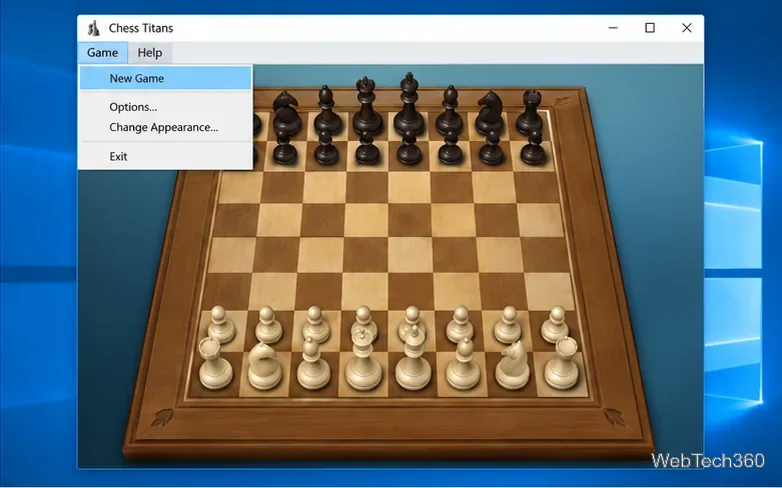 Menu gry Chess Titans otwarte nad szachownicą 3D, z widocznymi opcjami Nowa gra, Opcje, Zmień wygląd i Wyjdź.