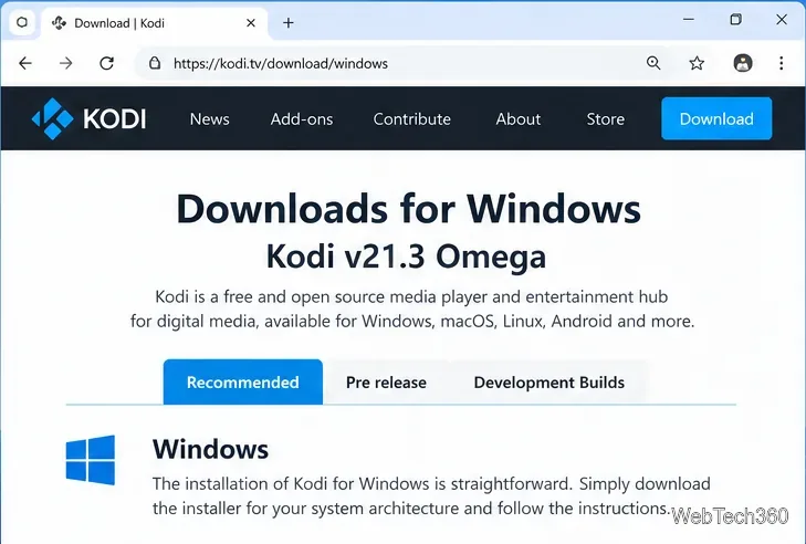 Kodi公式Windowsダウンロードページに、推奨リリースであるOmegaのタブが表示されています。