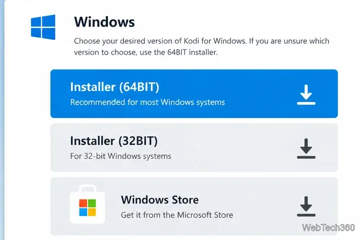 Windowsインストーラーの選択肢には、64ビット、32ビット、およびMicrosoft Storeのオプションが表示されます。