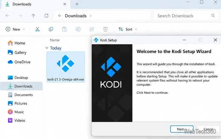 KodiのセットアップウィザードがWindowsのダウンロードフォルダの前に開きました