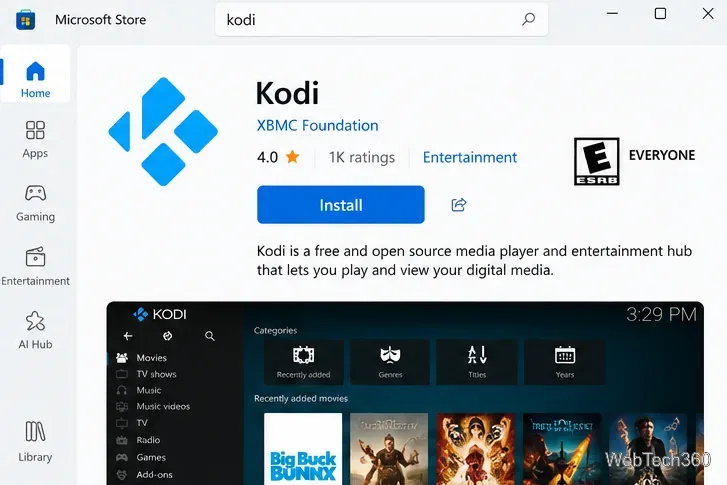 Microsoft StoreのKodiアプリ一覧（発行者名とインストールボタン付き）